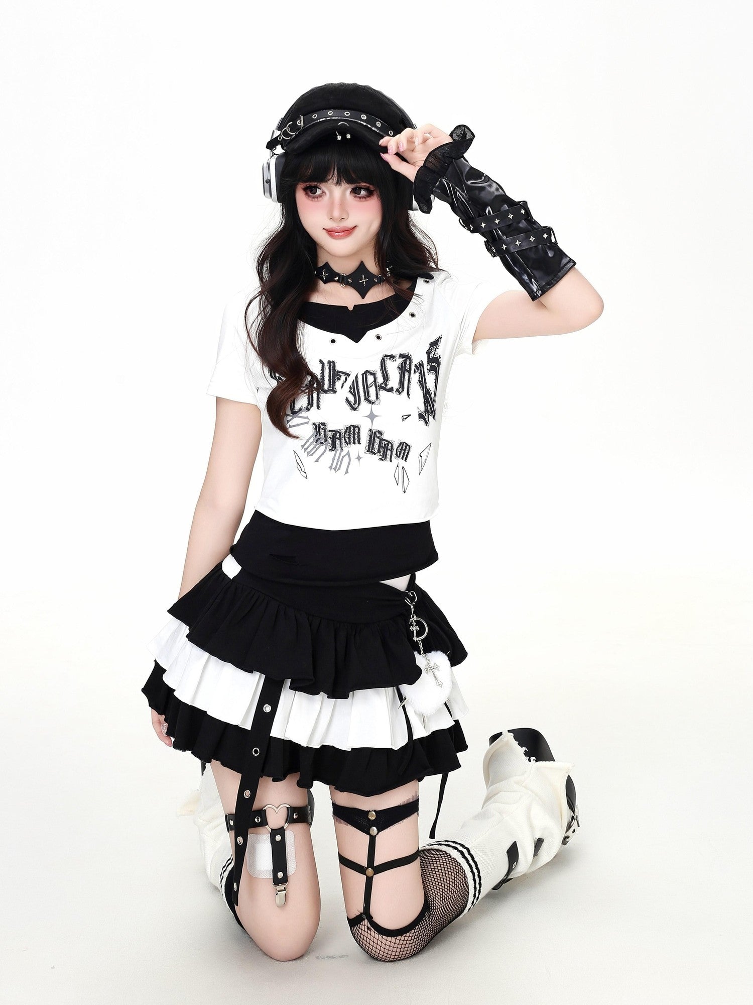 Crazy Girl Pixelated Gothic Letter Halter Neck Spliced Faux Layered Women&