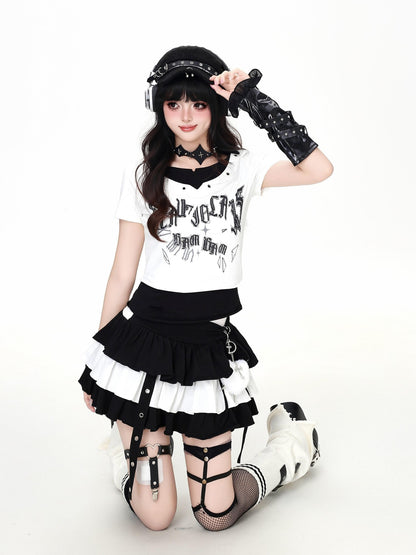 Crazy Girl Pixelated Gothic Letter Halter Neck Spliced Faux Layered Women&