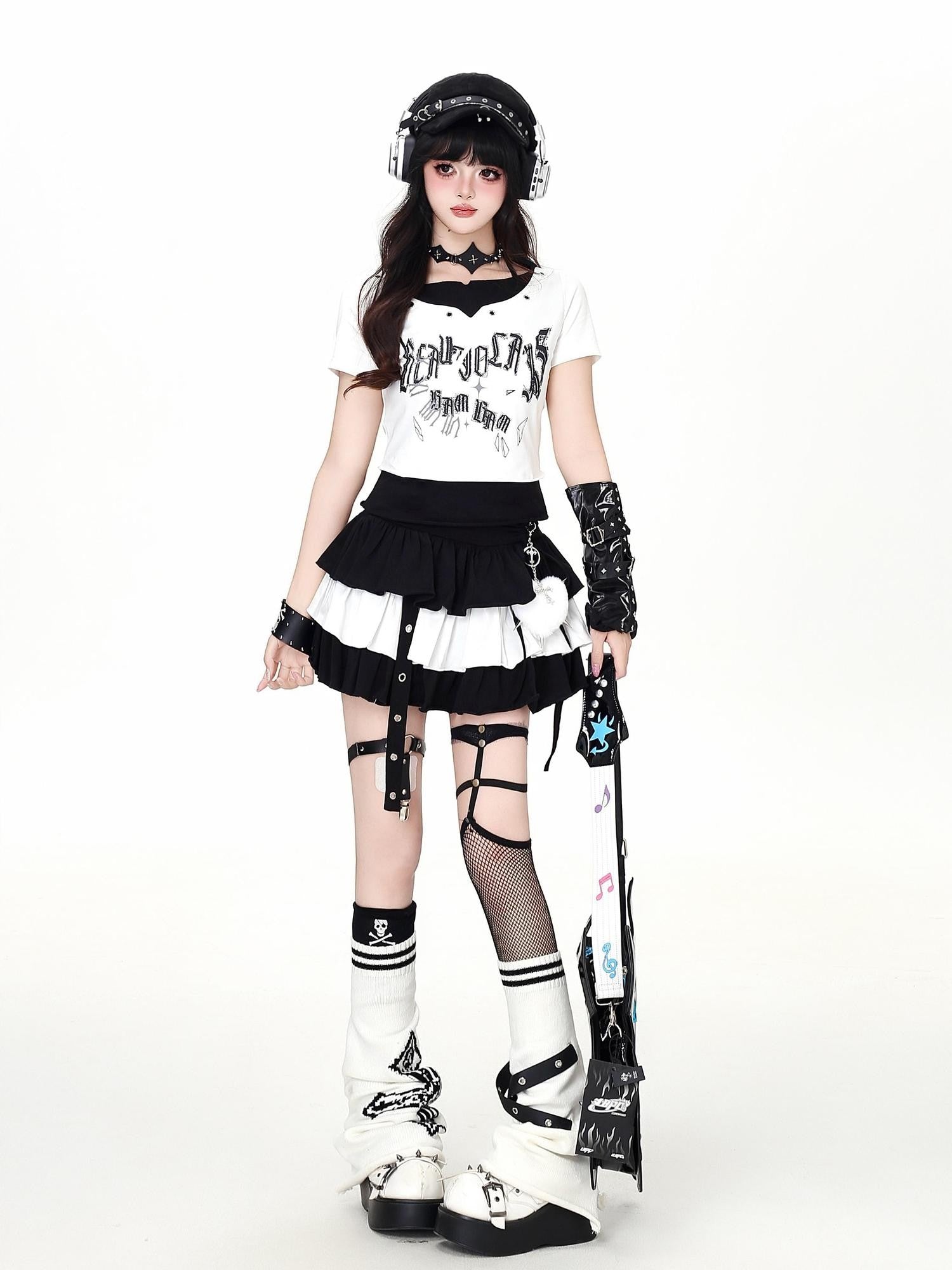 Crazy Girl Pixelated Gothic Letter Halter Neck Spliced Faux Layered Women&