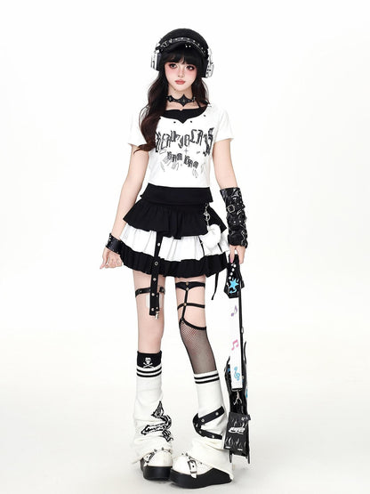 Crazy Girl Pixelated Gothic Letter Halter Neck Spliced Faux Layered Women&