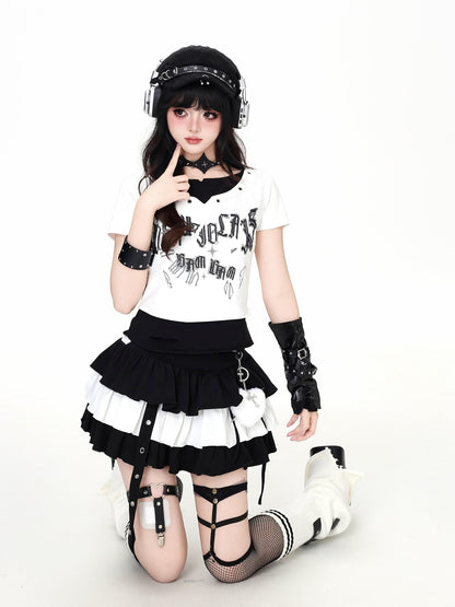 Crazy Girl Pixelated Gothic Letter Halter Neck Spliced Faux Layered Women&