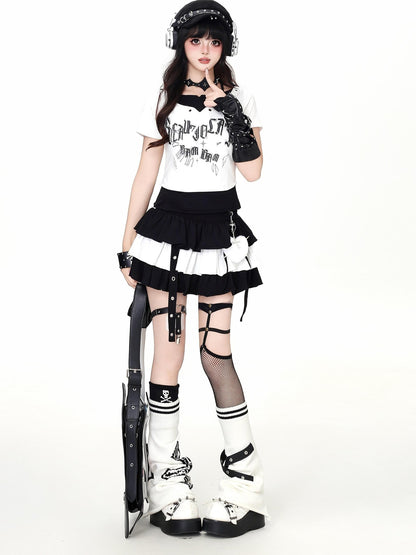Crazy Girl Pixelated Gothic Letter Halter Neck Spliced Faux Layered Women&