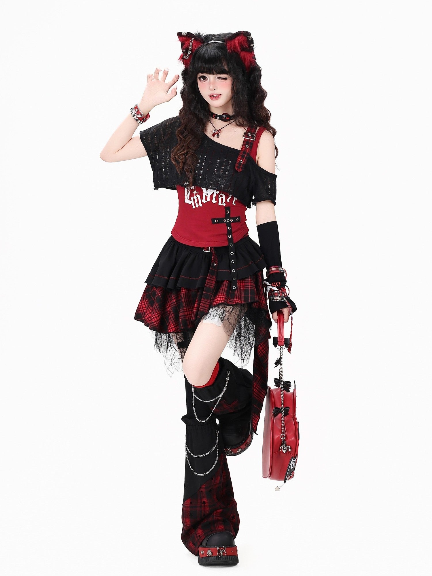 Crazy Girl Plaid Asymmetrical High Waist Zipper Tiered Women&