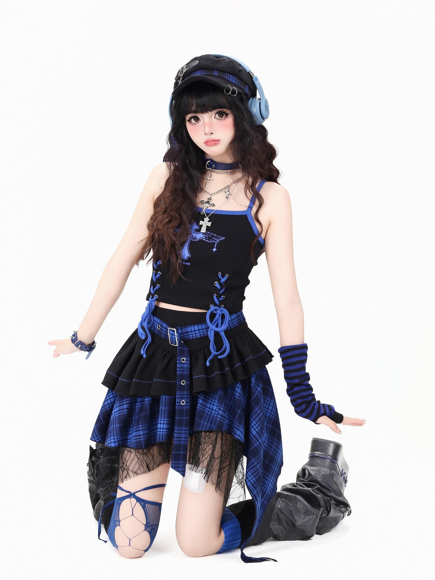 Crazy Girl Plaid Asymmetrical High Waist Zipper Tiered Women&