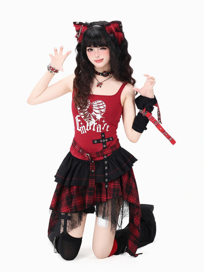Crazy Girl Plaid Asymmetrical High Waist Zipper Tiered Women&