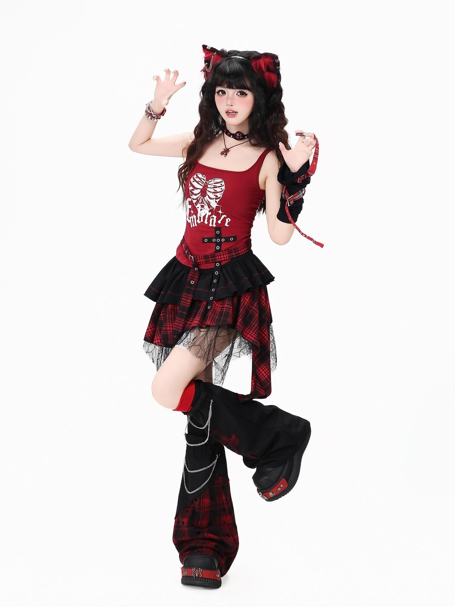 Crazy Girl Plaid Asymmetrical High Waist Zipper Tiered Women&