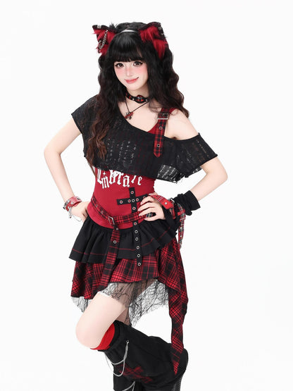 Crazy Girl Plaid Asymmetrical High Waist Zipper Tiered Women&