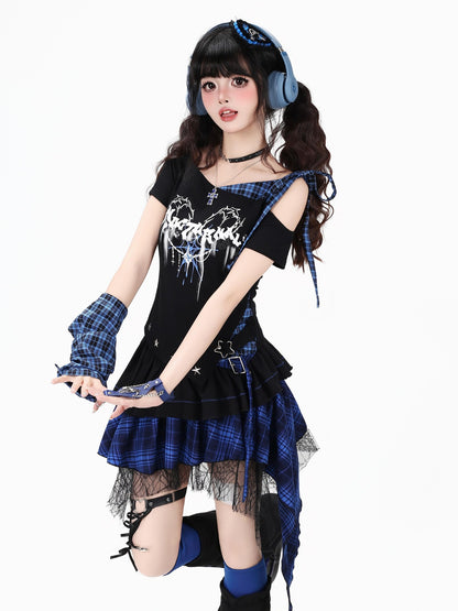 Crazy Girl Plaid Asymmetrical High Waist Zipper Tiered Women&
