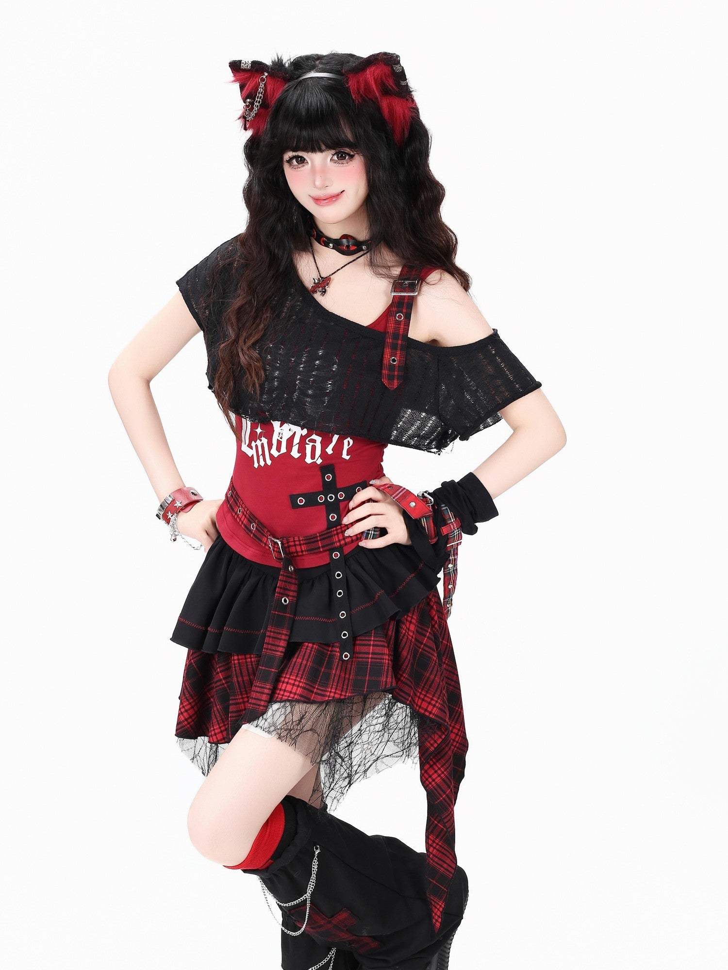 Crazy Girl Plaid Asymmetrical High Waist Zipper Tiered Women&