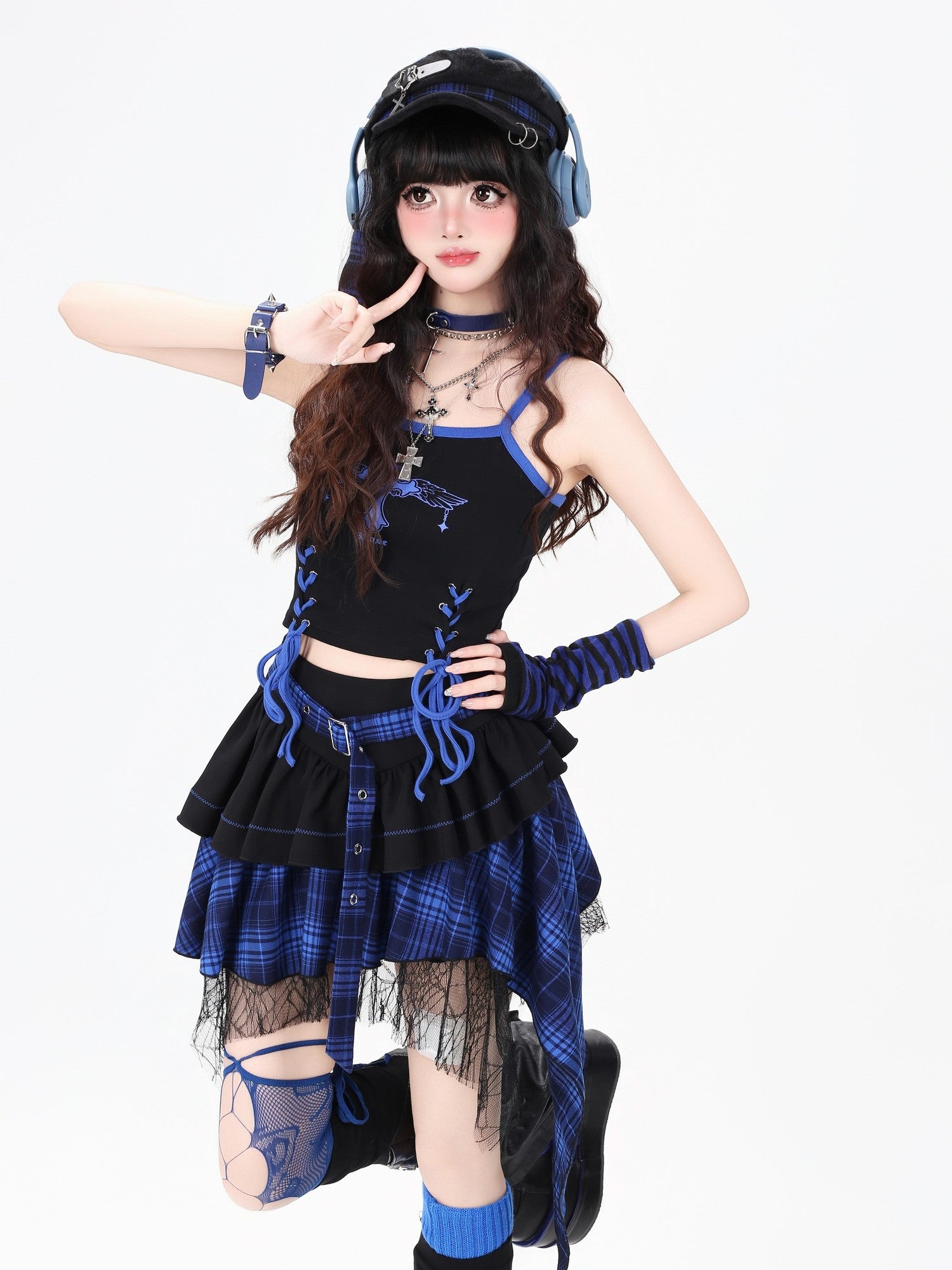 Crazy Girl Plaid Asymmetrical High Waist Zipper Tiered Women&