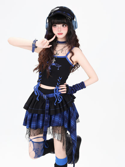 Crazy Girl Plaid Asymmetrical High Waist Zipper Tiered Women&