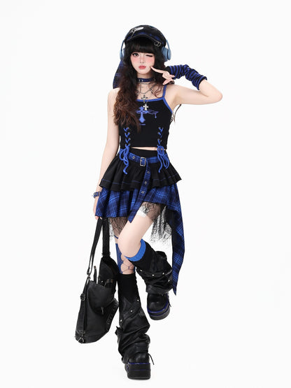 Crazy Girl Plaid Asymmetrical High Waist Zipper Tiered Women&