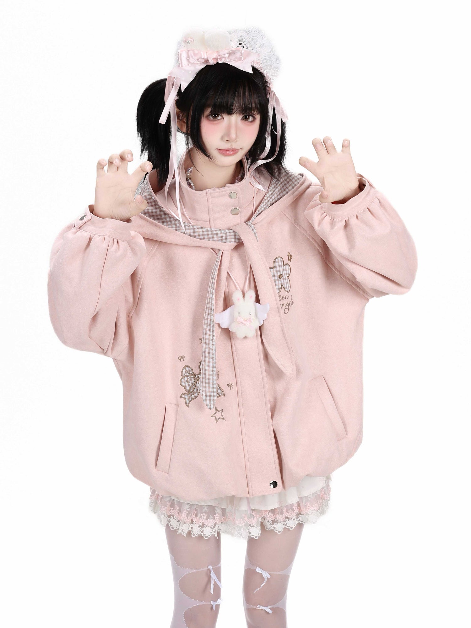 Crazy_Girl_Plaid_Bow_Embroidered_Hooded_Zippered_Relaxed_Women&
