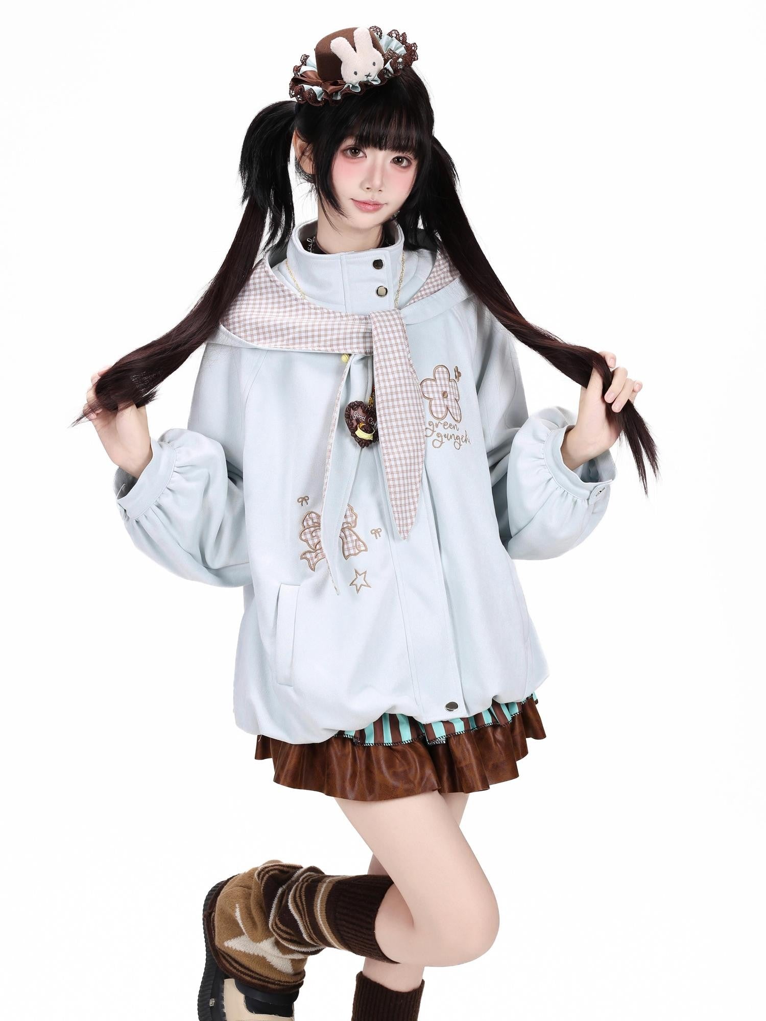 Crazy Girl Plaid Bow Embroidered Hooded Zippered Relaxed Women&