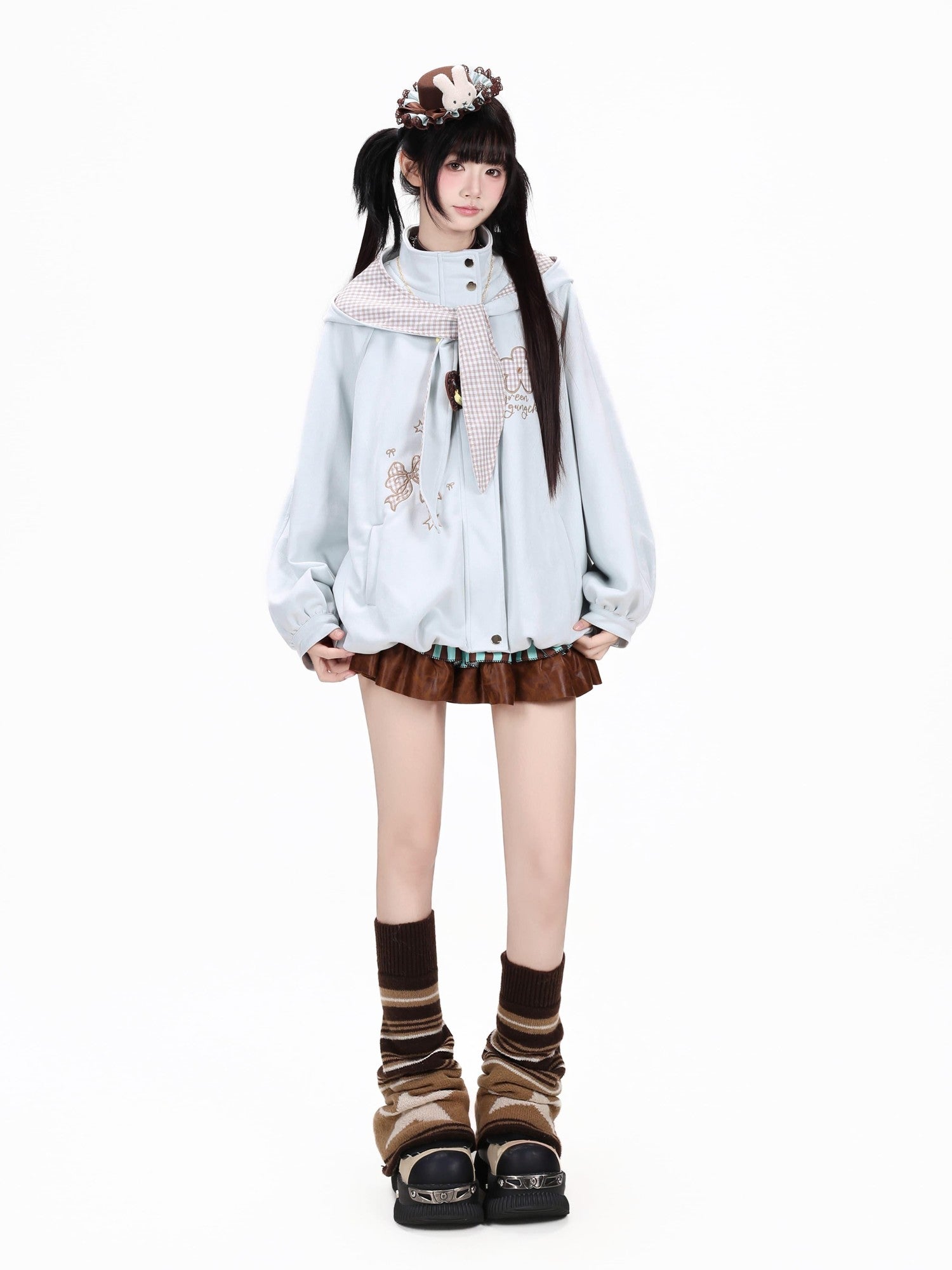 Crazy Girl Plaid Bow Embroidered Hooded Zippered Relaxed Women&