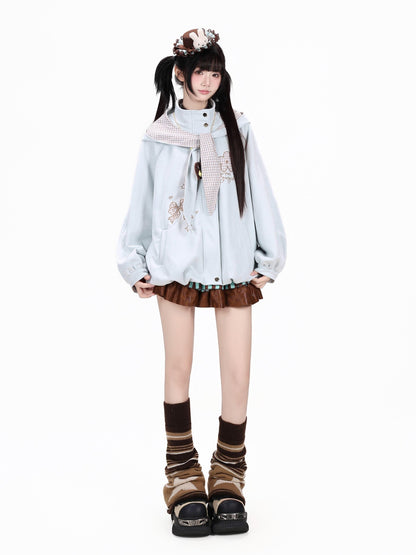 Crazy Girl Plaid Bow Embroidered Hooded Zippered Relaxed Women&