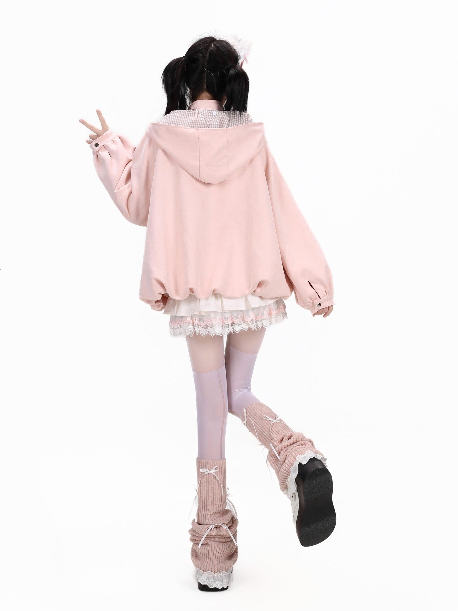 Crazy Girl Plaid Bow Embroidered Hooded Zippered Relaxed Women&