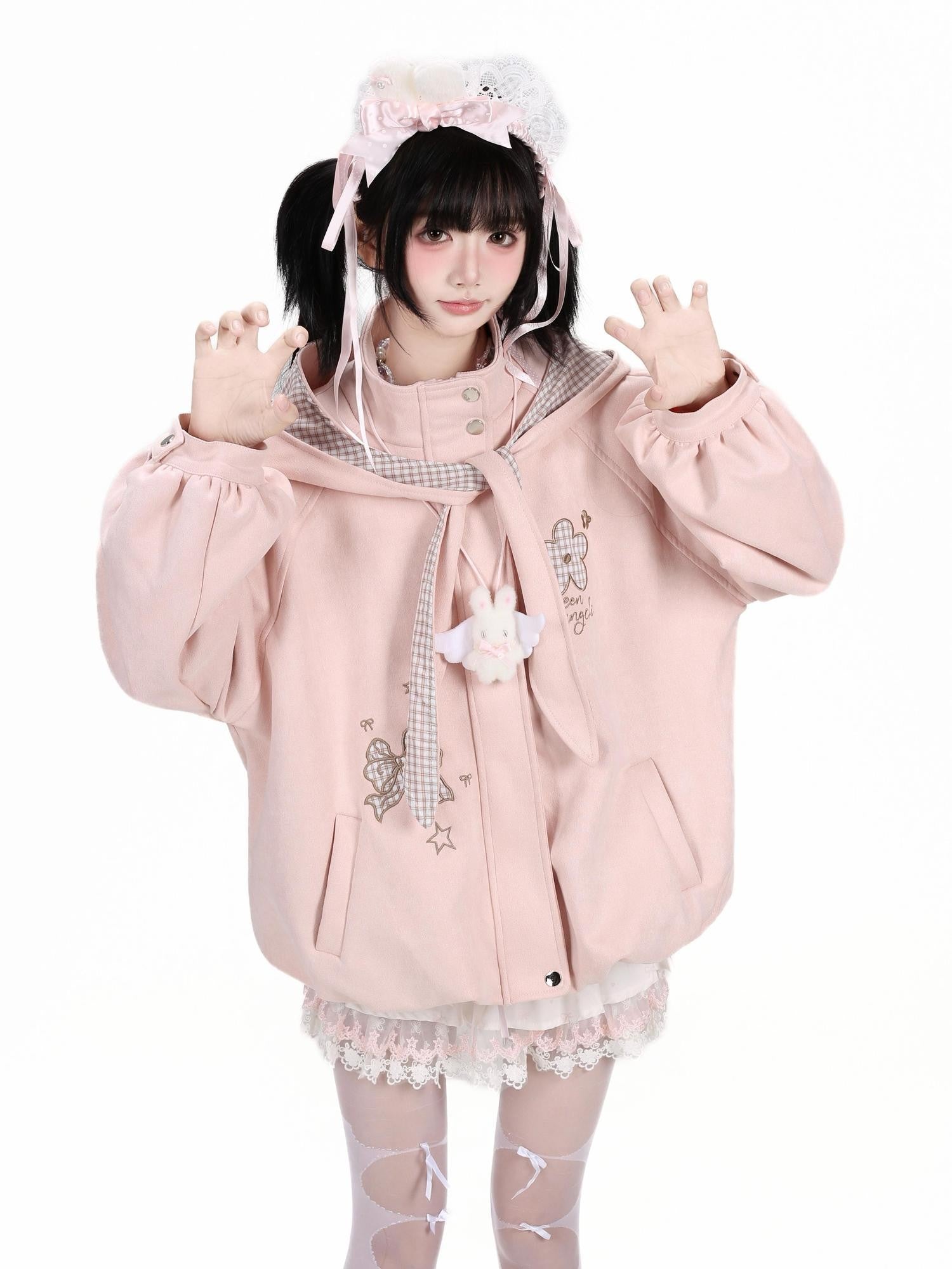 Crazy Girl Plaid Bow Embroidered Hooded Zippered Relaxed Women&