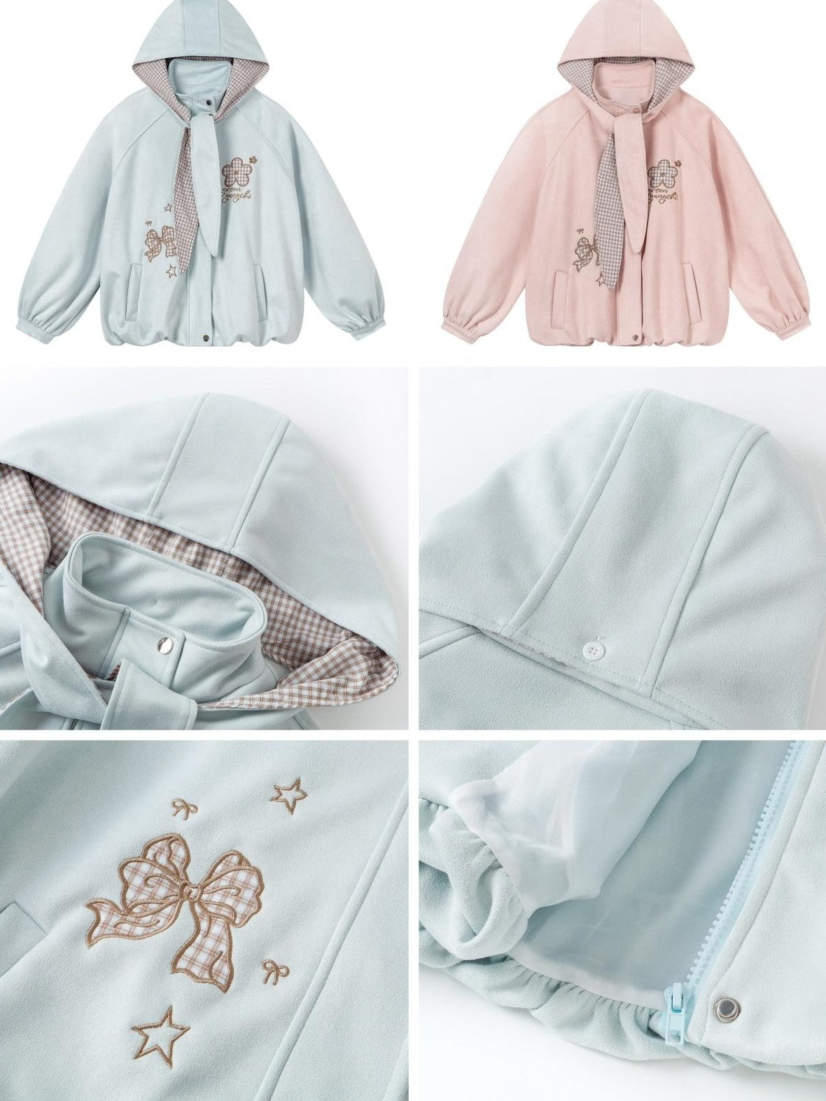 Crazy Girl Plaid Bow Embroidered Hooded Zippered Relaxed Women&