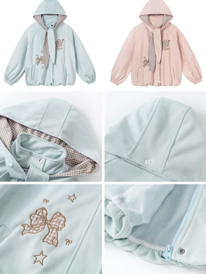 Crazy Girl Plaid Bow Embroidered Hooded Zippered Relaxed Women&
