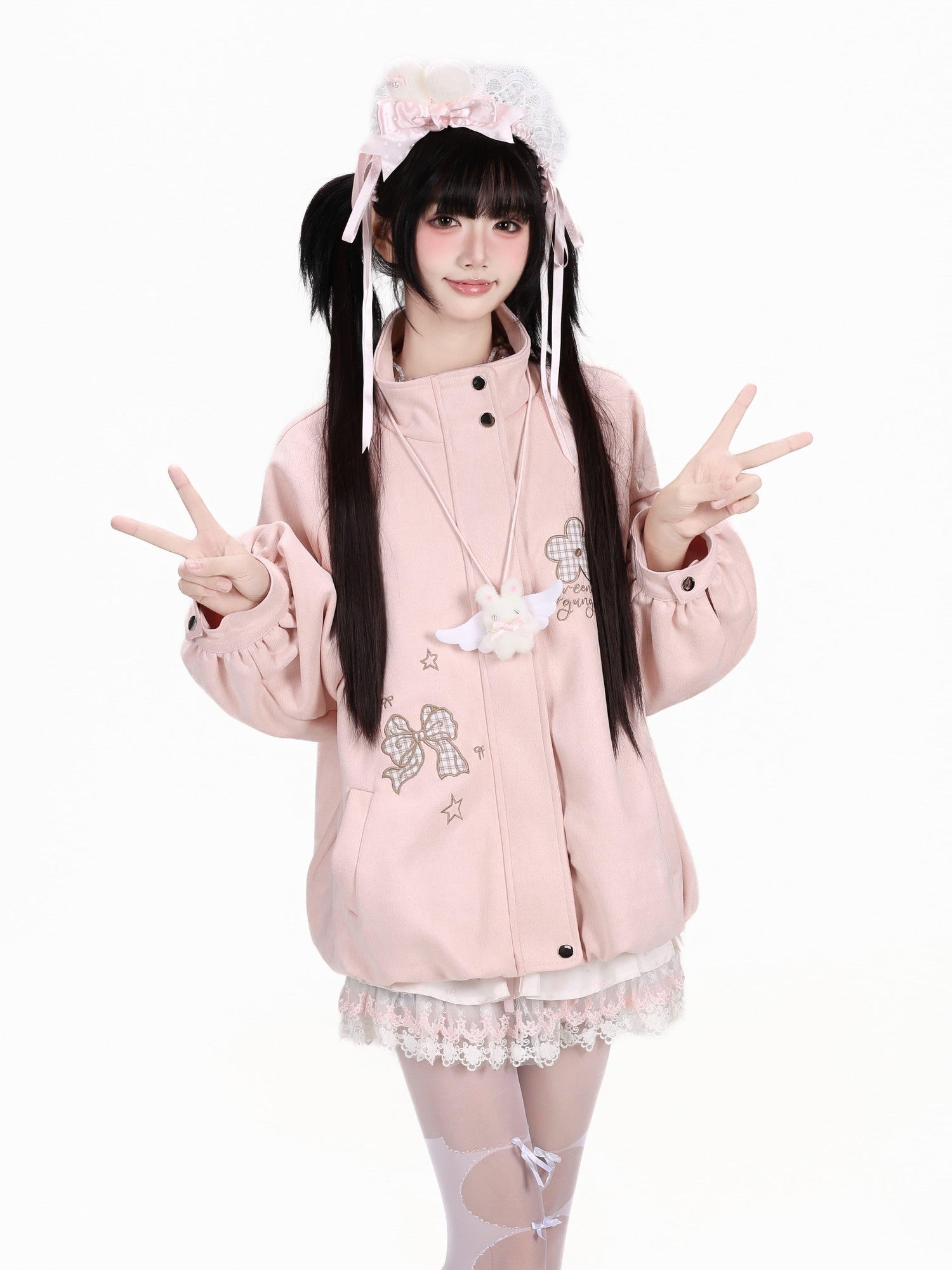 Crazy Girl Plaid Bow Embroidered Hooded Zippered Relaxed Women&
