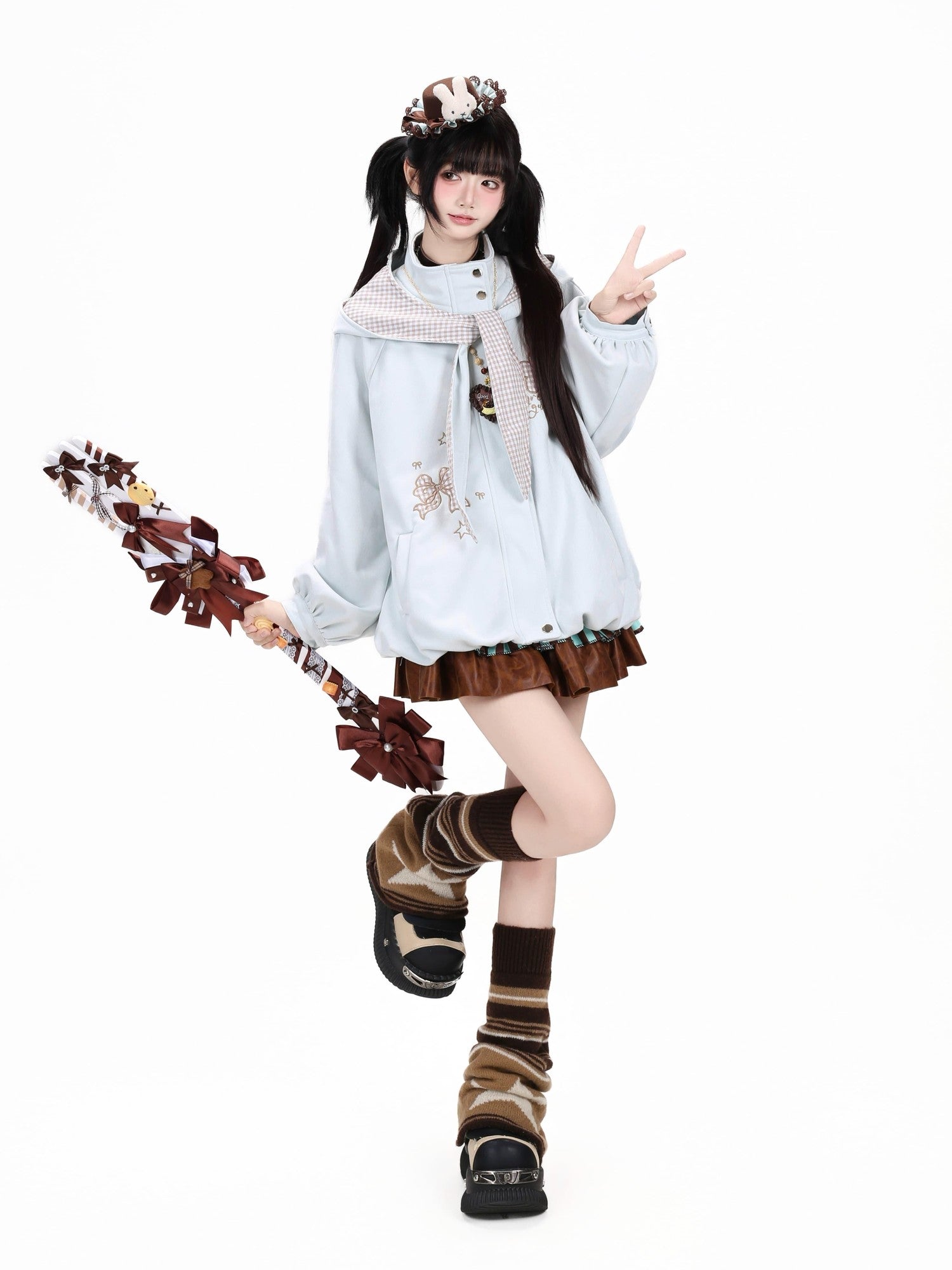 Crazy Girl Plaid Bow Embroidered Hooded Zippered Relaxed Women&