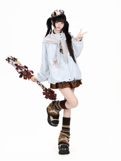 Crazy Girl Plaid Bow Embroidered Hooded Zippered Relaxed Women&