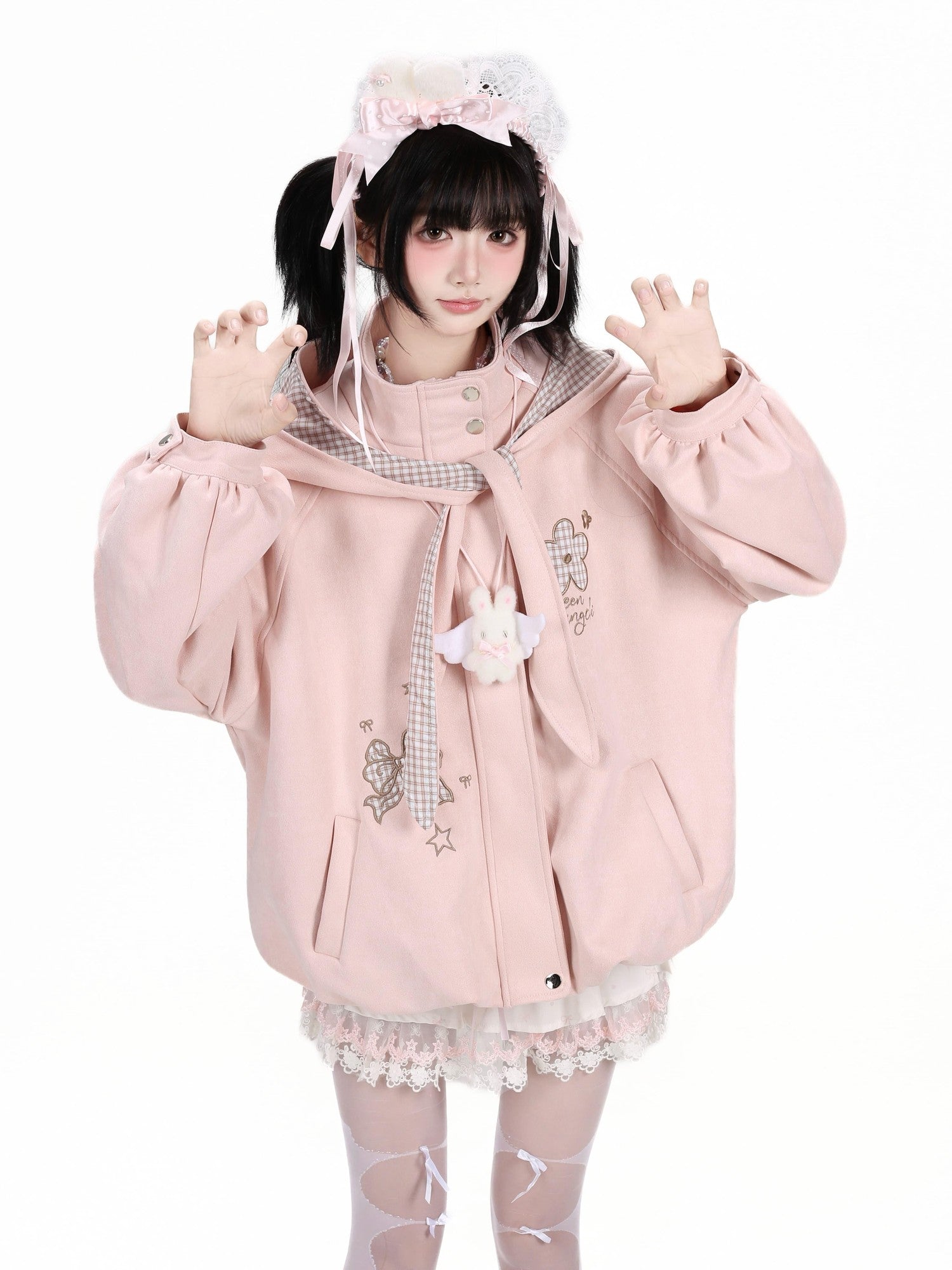 Crazy Girl Plaid Bow Embroidered Hooded Zippered Relaxed Women&