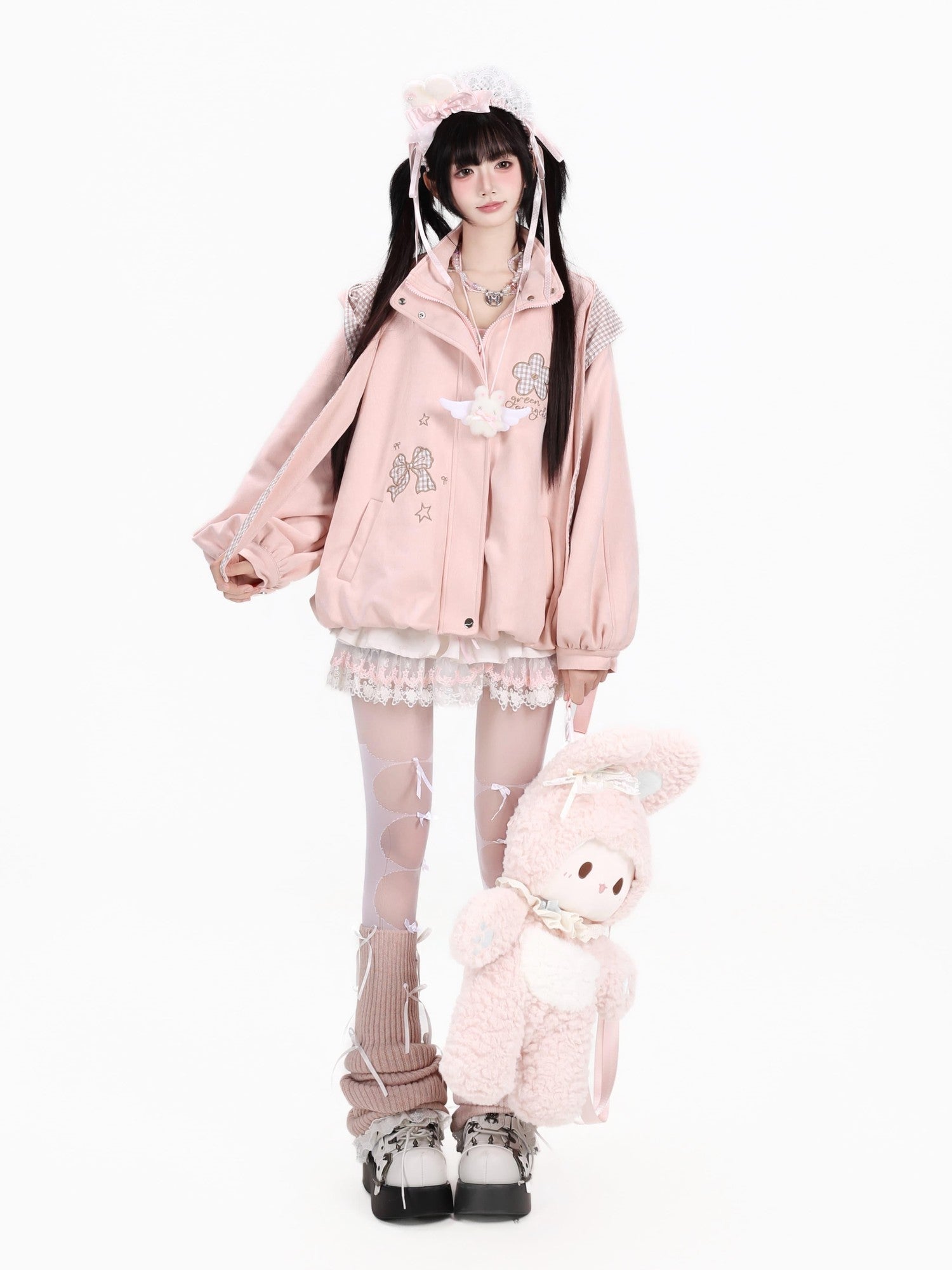 Crazy Girl Plaid Bow Embroidered Hooded Zippered Relaxed Women&