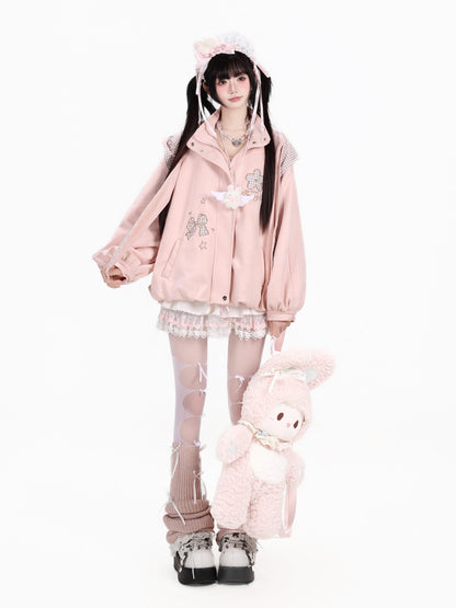 Crazy Girl Plaid Bow Embroidered Hooded Zippered Relaxed Women&