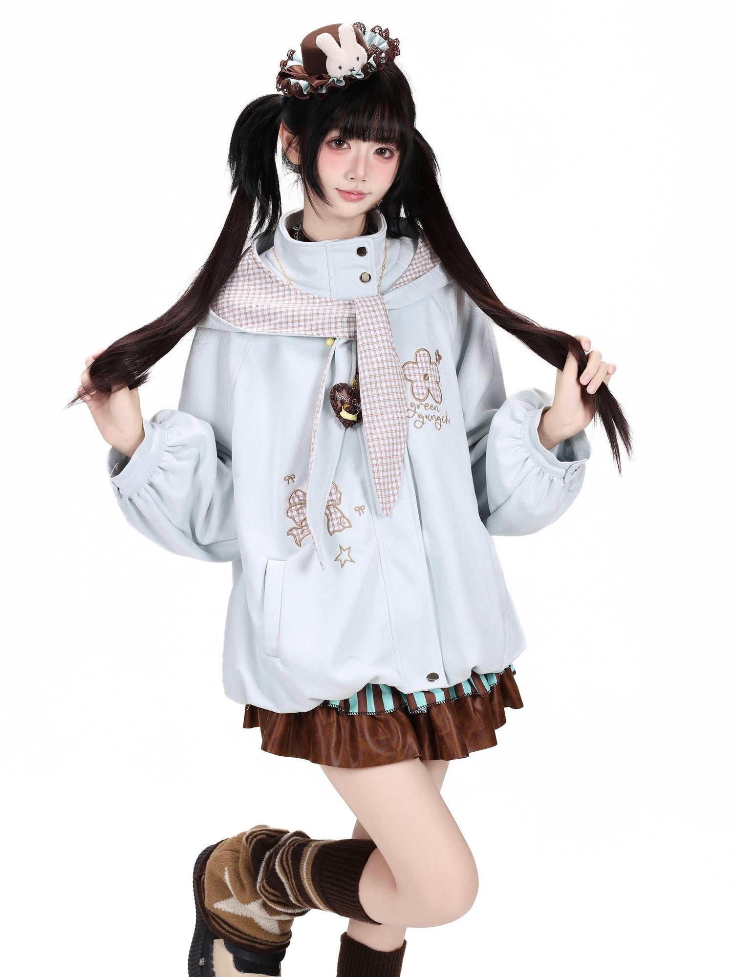 Crazy Girl Plaid Bow Embroidered Hooded Zippered Relaxed Women&