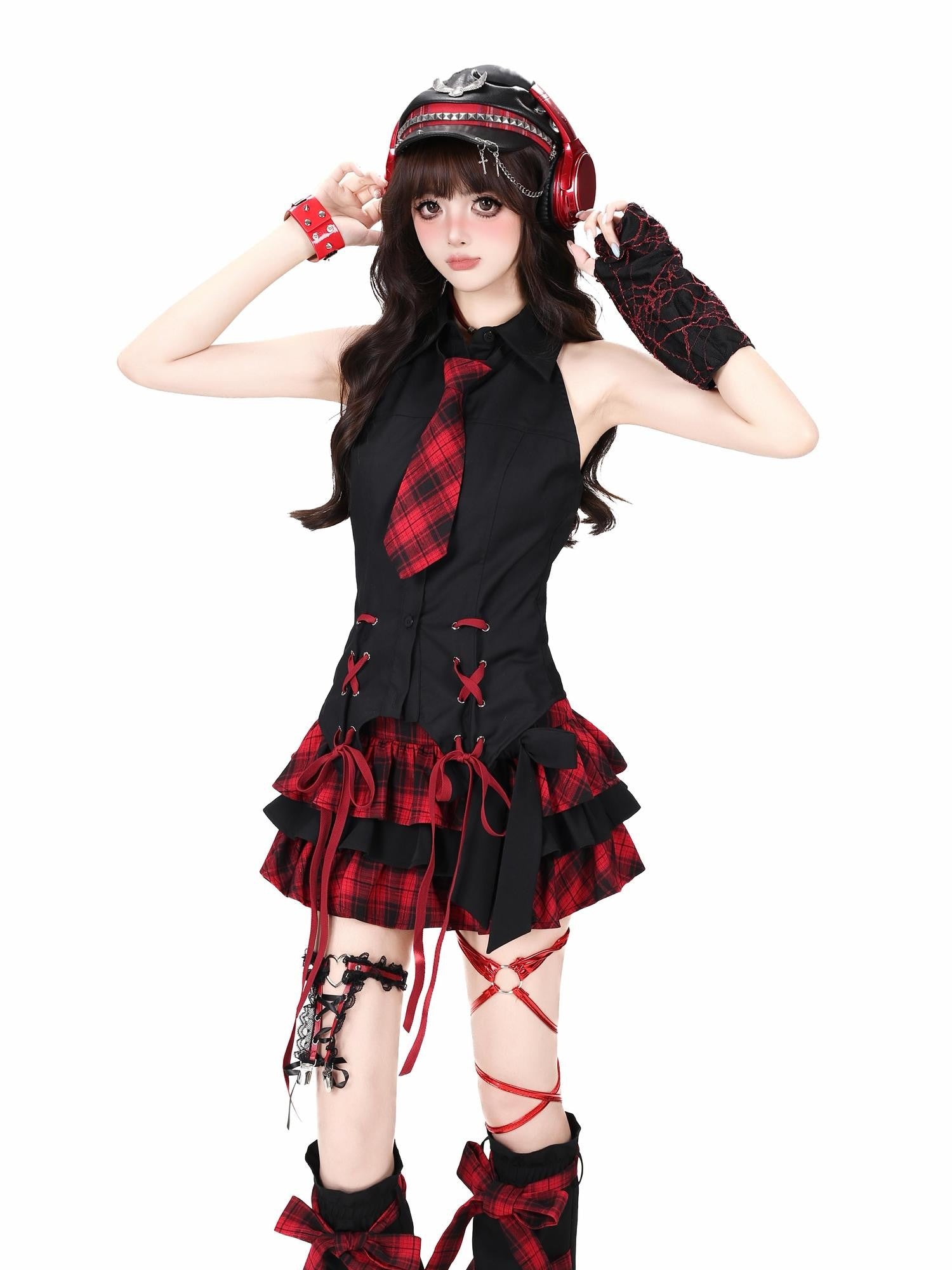 Crazy Girl Plaid Bow High Waist Puffed Cake Women&