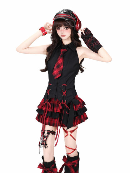 Crazy Girl Plaid Bow High Waist Puffed Cake Women&