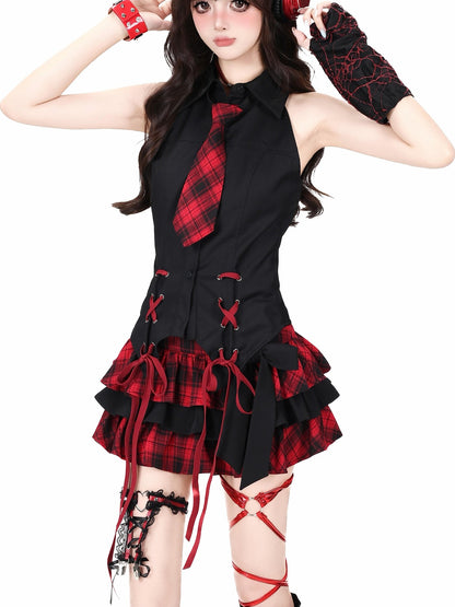 Crazy Girl Plaid Bow High Waist Puffed Cake Women&