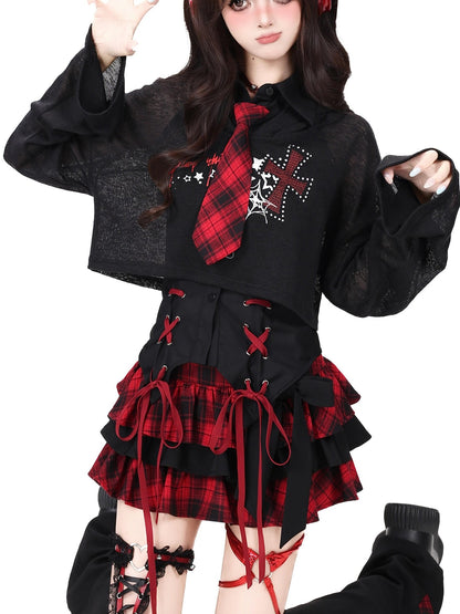 Crazy Girl Plaid Bow High Waist Puffed Cake Women&