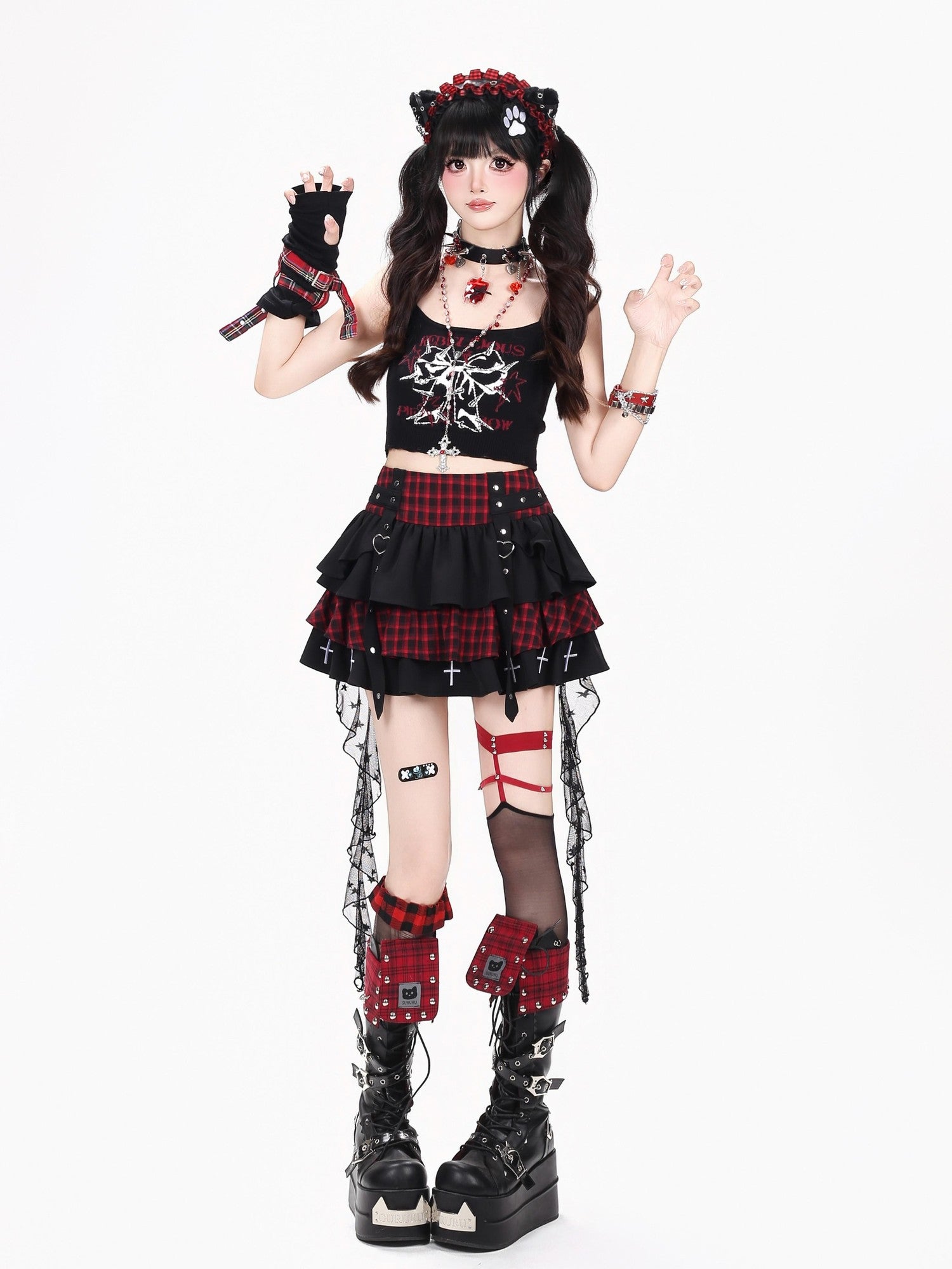 Crazy Girl Plaid Mesh Patchwork Tiered Lace High Waist Women&