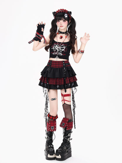 Crazy Girl Plaid Mesh Patchwork Tiered Lace High Waist Women&