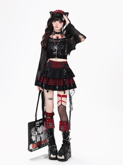 Crazy Girl Plaid Mesh Patchwork Tiered Lace High Waist Women&