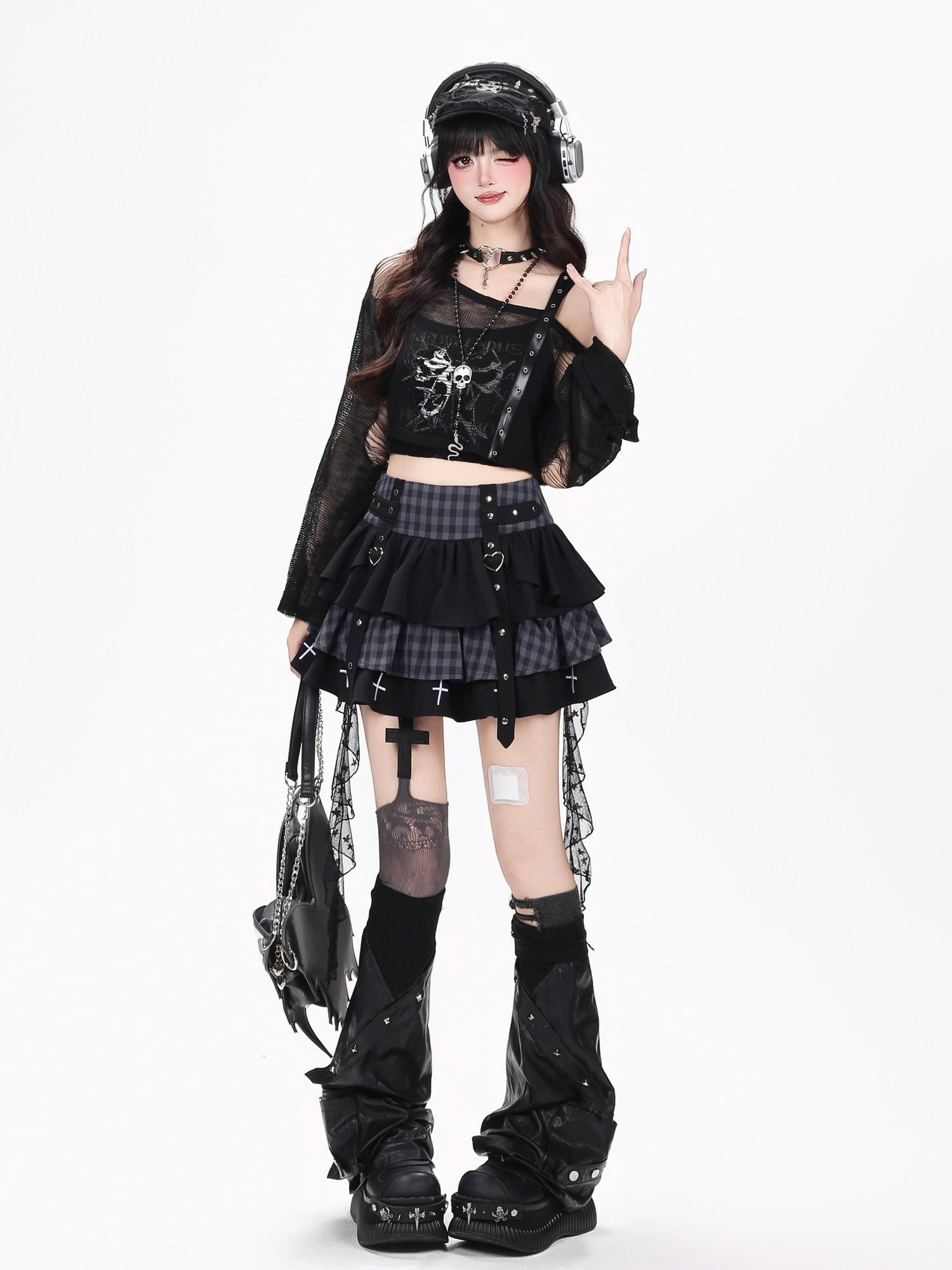 Crazy Girl Plaid Mesh Patchwork Tiered Lace High Waist Women&