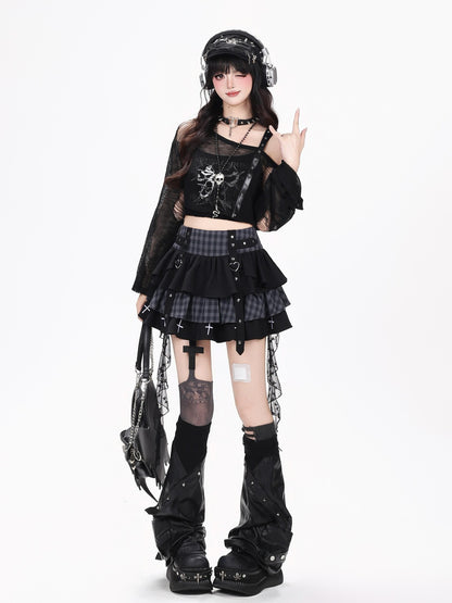 Crazy Girl Plaid Mesh Patchwork Tiered Lace High Waist Women&