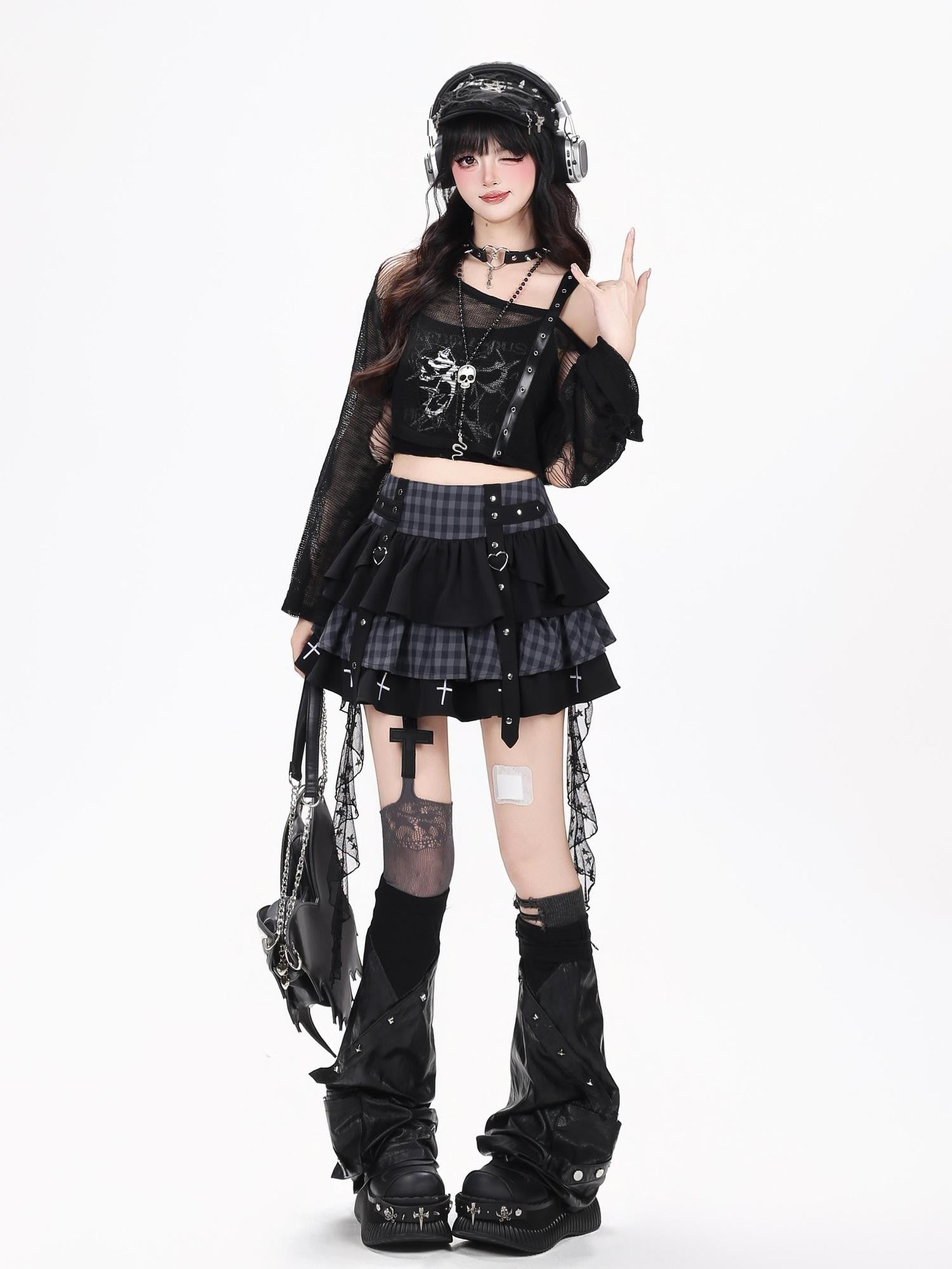 Crazy Girl Plaid Mesh Patchwork Tiered Lace High Waist Women&