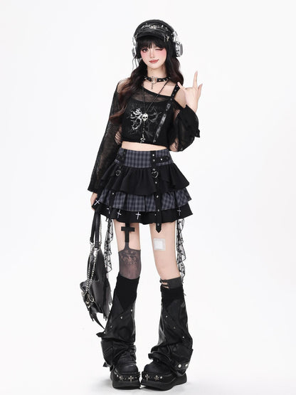 Crazy Girl Plaid Mesh Patchwork Tiered Lace High Waist Women&