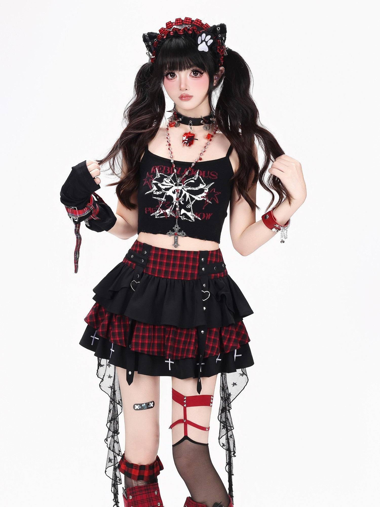Crazy Girl Plaid Mesh Patchwork Tiered Lace High Waist Women&
