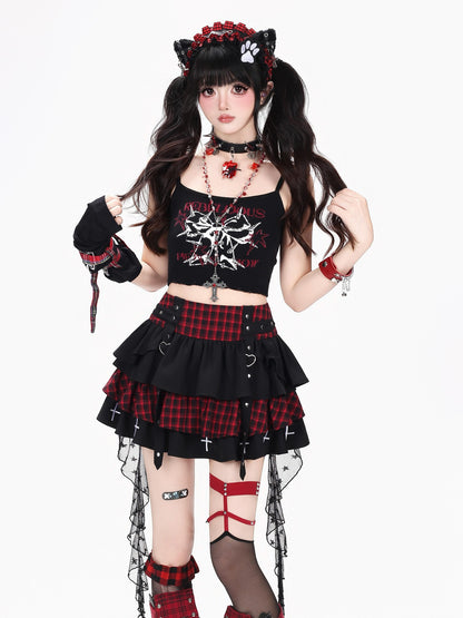 Crazy Girl Plaid Mesh Patchwork Tiered Lace High Waist Women&