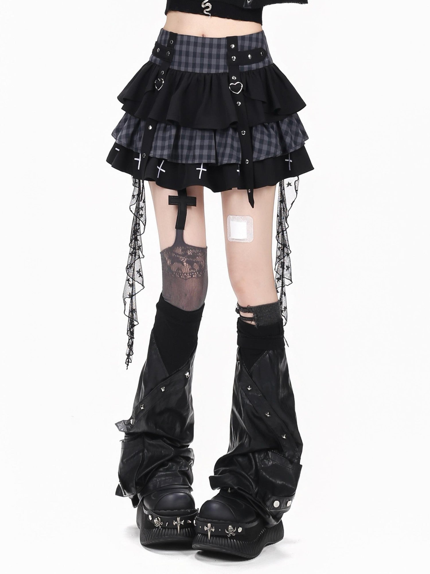 Crazy Girl Plaid Mesh Patchwork Tiered Lace High Waist Women&