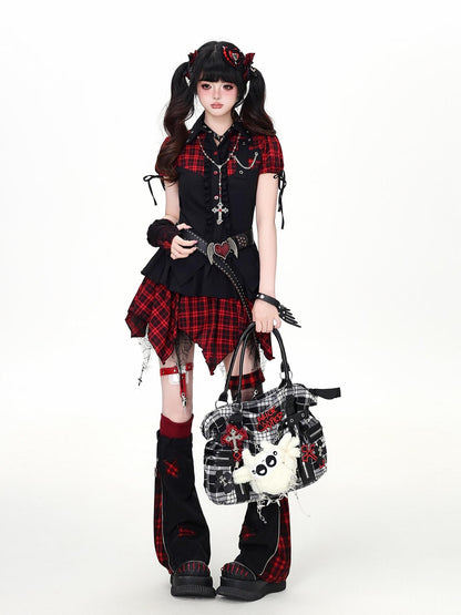 Crazy Girl Plaid Patchwork Cinched Waist Lapel Cropped Women&