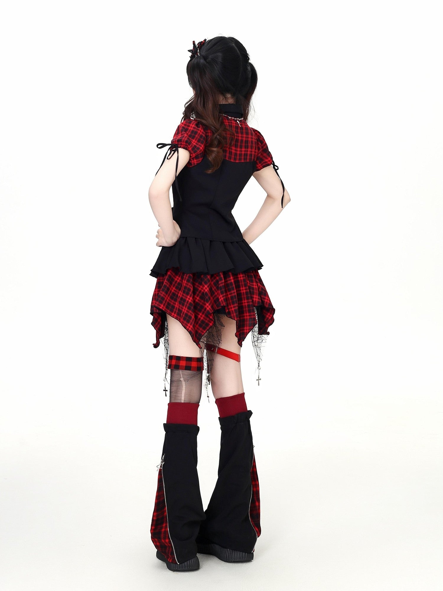 Crazy Girl Plaid Patchwork Cinched Waist Lapel Cropped Women&