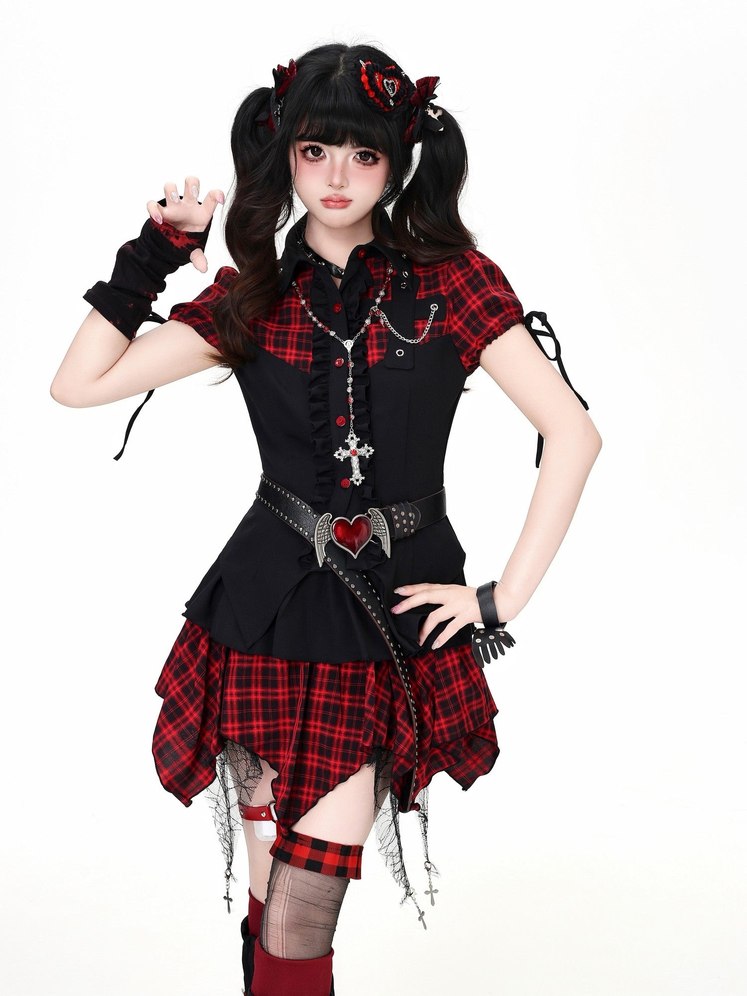 Crazy Girl Plaid Patchwork Cinched Waist Lapel Cropped Women&