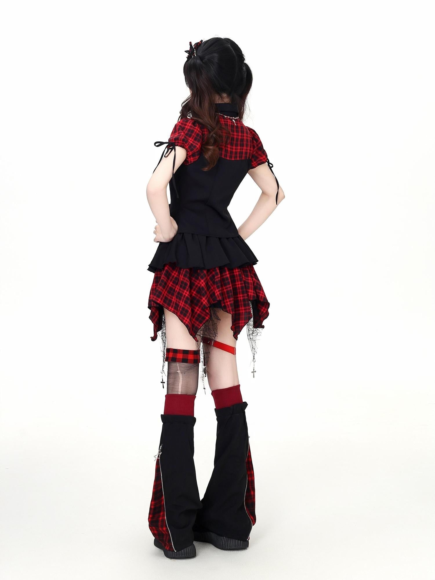 Crazy Girl Plaid Patchwork Cinched Waist Lapel Cropped Women&
