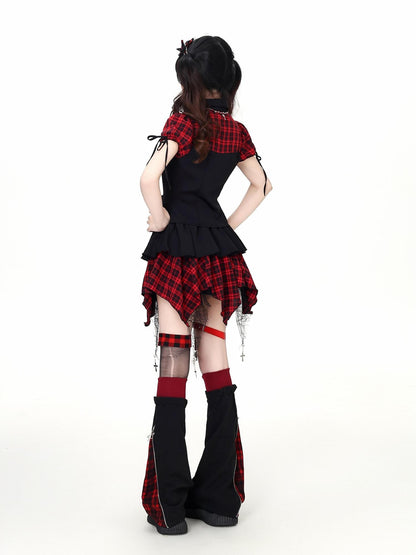 Crazy Girl Plaid Patchwork Cinched Waist Lapel Cropped Women&